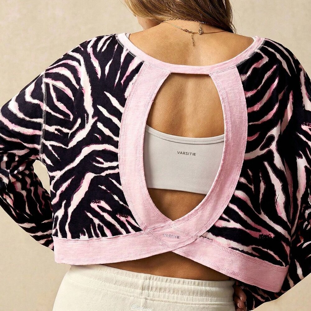 Dusty Pink Women's Zebra Print Hollow Back Cropped Sports T-Shirt